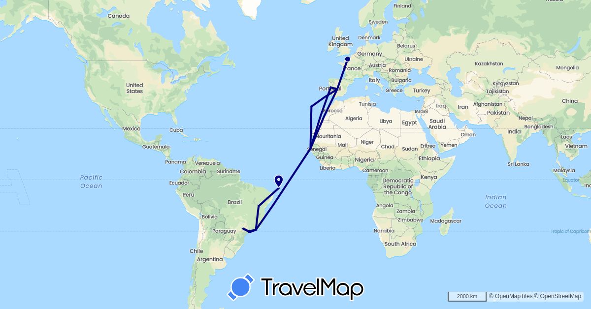 TravelMap itinerary: driving in Brazil, Spain, France, Portugal, Senegal (Africa, Europe, South America)